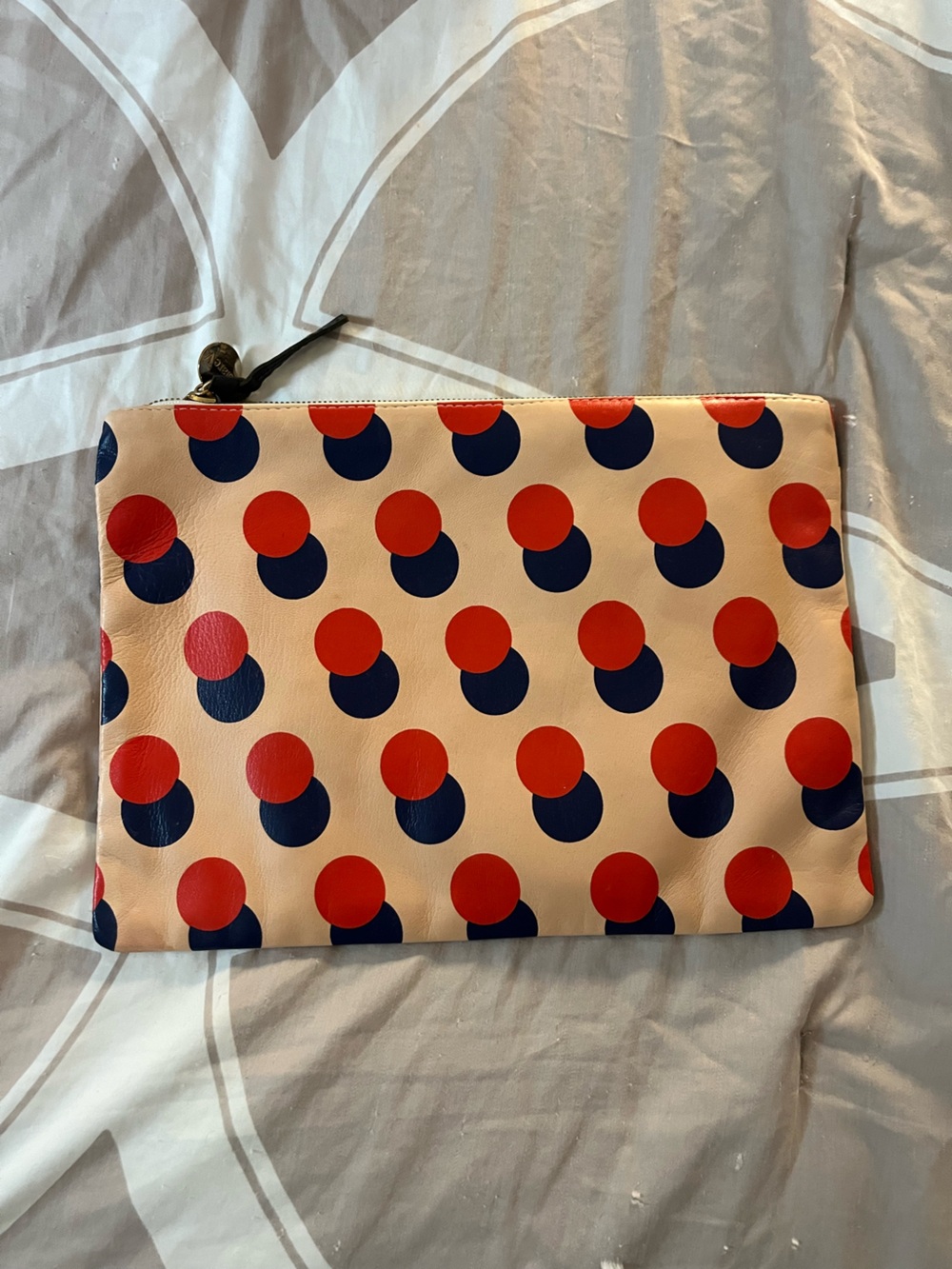 Clare V Beige Leather Pouch with Red and Navy Dot Print
